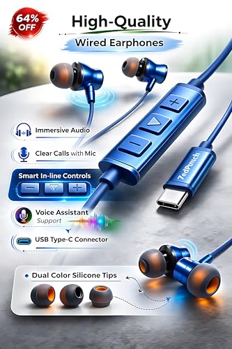 Image of ZedPunch Wired Earphones with Mic, Type-C Jack, 10mm Dynamic Bass Drivers, Magnetic Metal in-Ear Headphones, Low Latency Sound for Gaming, 3 Button Control, HD Calling, Voice Assistant, Blue