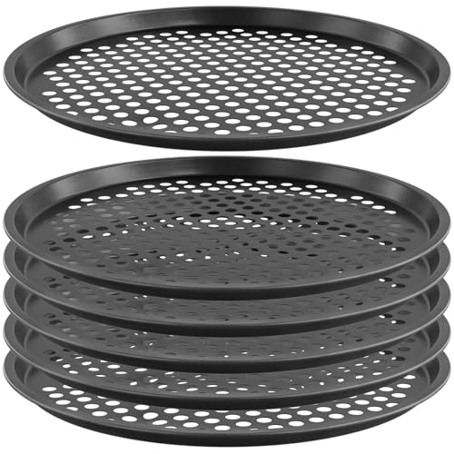 HEIHAK 6 PCS Round Pizza Trays, 33cm Non Stick Oven Trays with Holes, Black Carbon Steel Baking Trays for Pizzas, Cookies, Breads, Pies