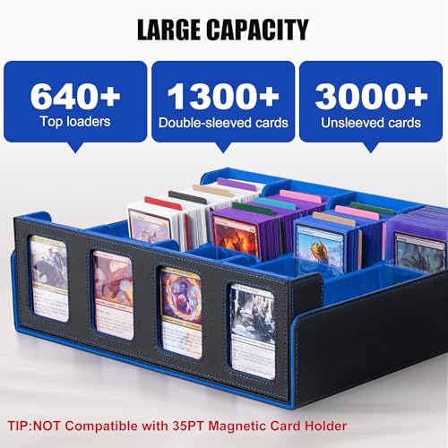 Image of Trading Card Storage Box with Commander Display , 4-Row Deck Case with Removable Lid; 2400+ Card Deck Box for MTG TCG Sports Card, 4 Top Loaders, 4 Stoppers, 24 Dividers,1 Dice Bag (Black Blue)