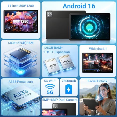 Image of 11 Inch 2 in 1 Android 16 Tablet with Keyboard Mouse Pen Case, 30GB RAM 128GB 1TB Expandable, 7800mAh Battery, HD Screen Widevine L1, Dual Cameras Face Unlock, WiFi 6 BT 5.4 Tablets Bundle