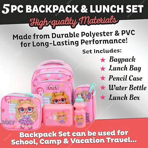Image of School Bag Combo Set for Girls - 5 in 1 Back to School Hamper with Backpack, Lunch Bag, Tiffin Box, Water Bottle & Pencil Pouch - Complete School Essentials Gift Set for Kids (Loly-Pink)