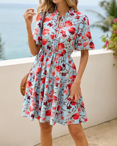 Image of BTFBM Women Summer Floral Short Dresses V Neck Short Sleeve Tiered Ruffle Boho Swing Dress A-Line Mini Dresses