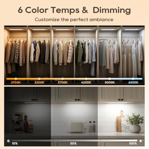 Image of 14.7 Inch Under Cabinet Lighting with Remote, 6 Color Temps Motion Sensor Light Indoor, LED Power Display Rechargeable Battery Operated Closet Light, Dimmable Under Counter Lights for Kitchen-2 Pack