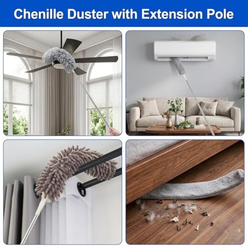 Image of Dishmatic 4 in 1 Long Handle Microfiber Feather Ceiling Duster with Extendable Pole 30-100 Inch with Anti Scratch Bendable Head for Cleaning High Cobweb Stick High Ceiling Fan - Stainless Steel