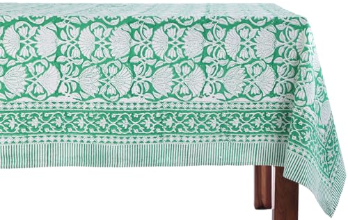 ATOSII Cotton Blockprint Rectangle Table Cloth, Meadow Green, 140" X 72"