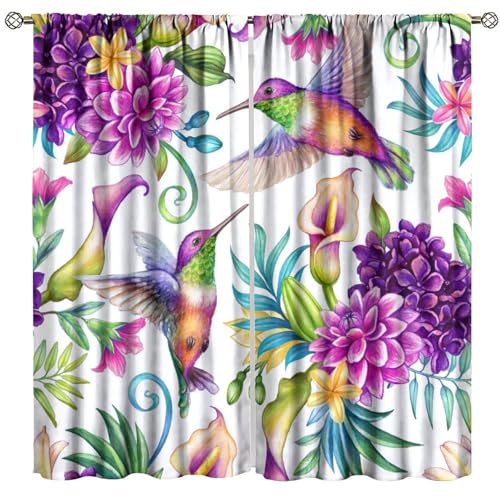 Hummingbird Spring Floral Curtains,Watercolor Pink Flower Plant Butterfly Hummingbird Nature Theme Pattern Print Window Drapes For Bedroom Living Room Kitchen Decor,2 Panel Set,42x45 Inch Decor