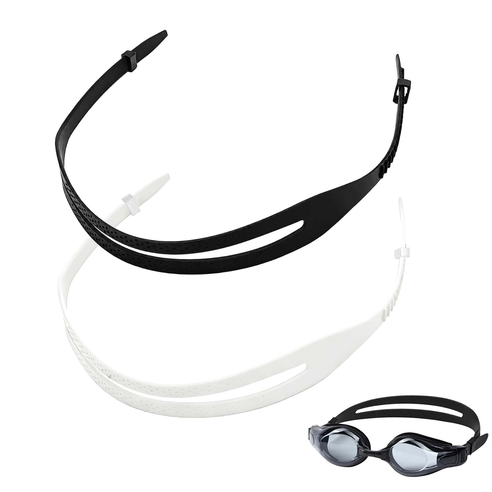 Silicone Swimming Goggle Straps Replacement 2 Pcs, Elastic Adjustable Floating Glasses Strap Swim with 4 Securing Clips Universal Headband Water Sports Accessories for Adults and Kids (Black+White)