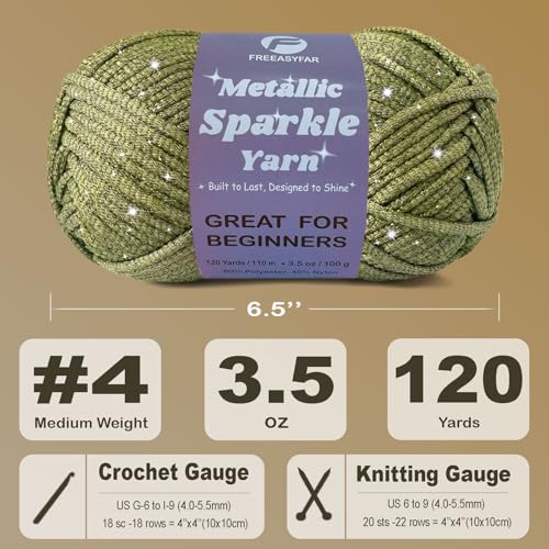 Image of Metallic Sparkle Yarn for Crochet and Knitting with Easy-to-See Stitches, Worsted Weight Medium #4, Beginners Yarn for Amigurumi, Bags, Handmade Gifts, Home Decor (Olive, 1 Pack)