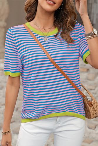 Image of Womens Sweaters Casual Crewneck Short Sleeve Striped Color Block Knitted Cotton Trendy Pullover Sweater Tops