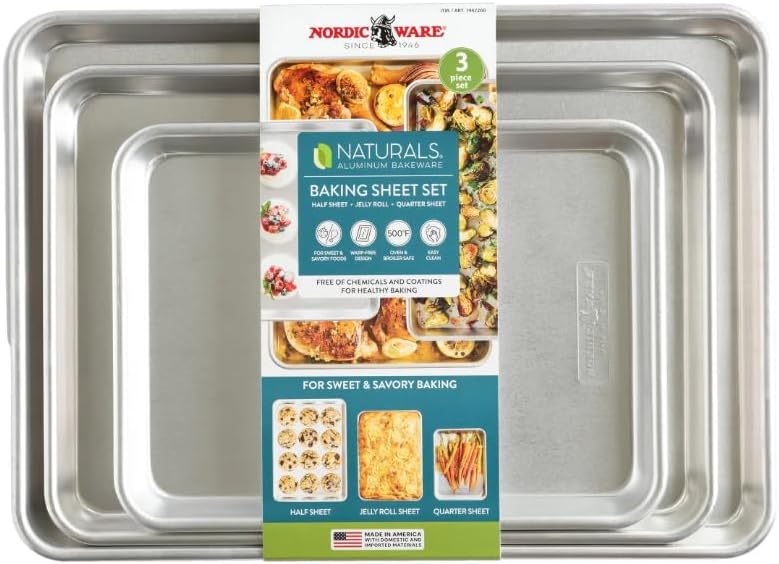 Nordic Ware Naturals 3-Piece Baking Sheet Set – Commercial-Grade Aluminum Sheet Pans, Rust-Resistant, Durable Bakeware for Cookies, Roasting & Everyday Cooking