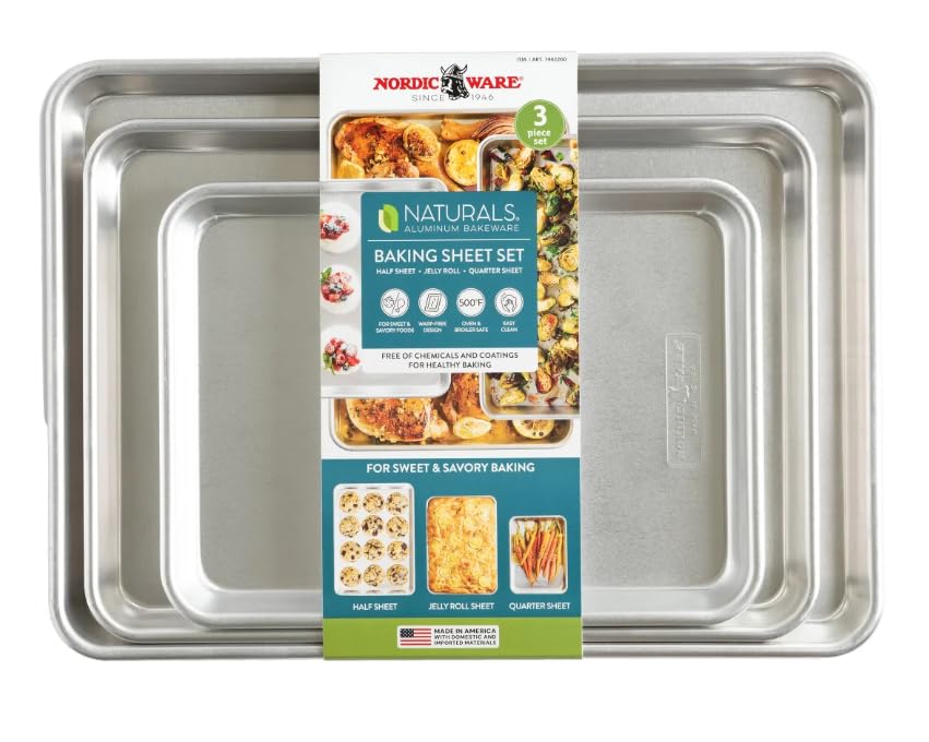 Nordic Ware Naturals 3-Piece Baking Sheet Set – Commercial-Grade Aluminum Sheet Pans, Rust-Resistant, Durable Bakeware for Cookies, Roasting & Everyday Cooking