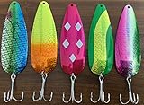 Hagen 5 Deluxe Foil Fishing Spoons 4 1/2 Inch Pike Muskie Musky 1.25 oz Eagle Claw Hooks Assorted Colors & Foiled Fishing Spoons Lures Rainbow, Five of Diamonds, Trout, Green Gold, Orange Yellow