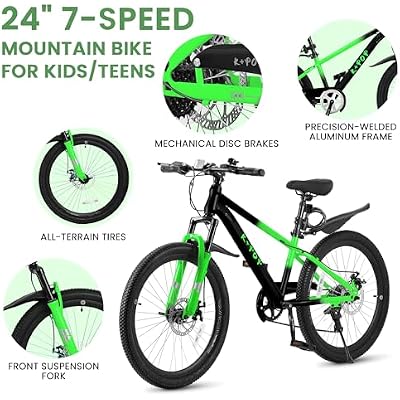 24 Inch Kids' Mountain Bike, 7-Speed Kids Bicycle for Boys & Girls Ages 8-12, Front Suspension Fork, Dual Disc Brakes, Adjustable Seat, Durable Steel Frame, Outdoor/Commuting/School Bike