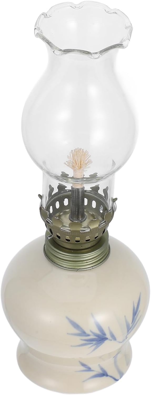 Vintage Ceramic and Glass Oil Lamp for Emergency Lighting Multipurpose Kerosene Lantern for Indoor and Outdoor Decor Sturdy Hand-Painted Porcelain Lantern for Tabletop Use