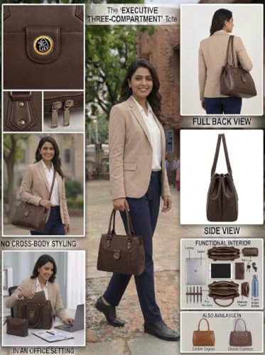 Image of Women's PU Leather Shoulder Handbag | Spacious 3 Compartment Tote Purse with Zip Closure & Multiple Pockets | Top Handle Office College Travel Handbag | 30 x 25 x 12 cm