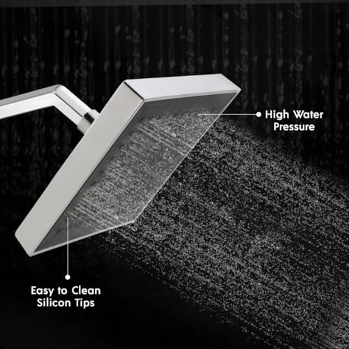 Image of Houza Square Design Bathroom Shower Head - 6x6 Inch, Adjustable Angle with 7-Inch Arm, Chrome Finish, Rust-Proof & Simple Setup