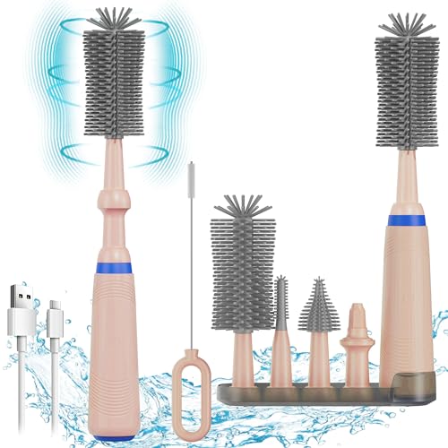 Image of Electric Bottle Brush Cleaner,Silicone Water Bottle Brush,Electric Bottle Brush with Holder/Nipple Cleaner/Straw Brush,Automatic Baby Bottle Cleaner Brush (Pink Electric Bottle Brush Set)