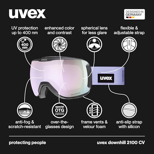 uvex downhill 2100 CV ski & snowboard goggles, contrast enhancing anti-fog OTG with UV protection for women men & youth, black SL/lavender-green