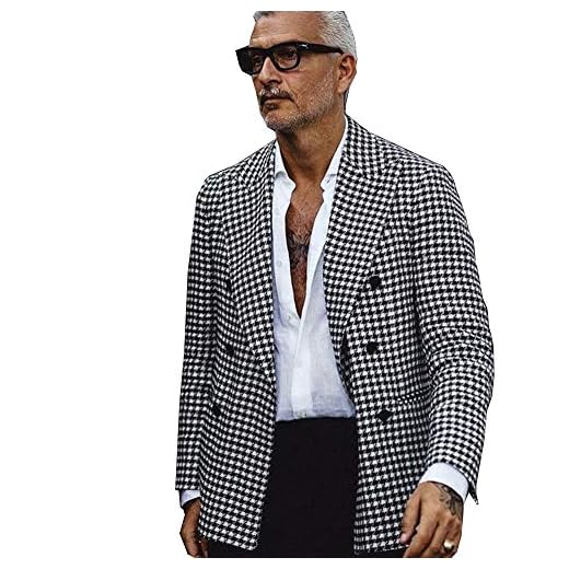 QZI Men's Blazer Houndstooth Blazer Peak Lapel Double Breasted Suit Jacket Party Tuxedo Coat Black