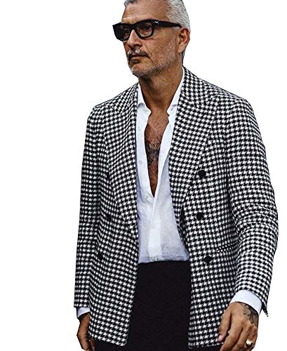 QZI Men's Blazer Houndstooth Blazer Peak Lapel Double Breasted Suit Jacket Party Tuxedo Coat