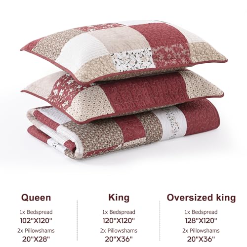 Image of 100% Cotton Oversized King Bedspread 128 inchx120 inch - Lightweight French Vintage Country Quilt - 3 Piece Super King Bedspreads Coverlet Set - Reversible Plaid Floral Bedding in Burgundy /Beige /Taupe /White