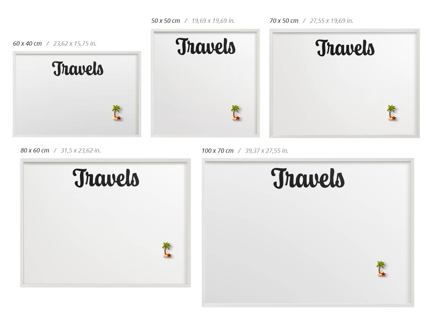 Panel Magnético 100x70 cm | con Marco Blanco | Travels | Montaje Fácil | Organizador de Pared | Para Recuerdos de Vacaciones | Expositor de Imanes de Nevera y Postales | Para Cocina