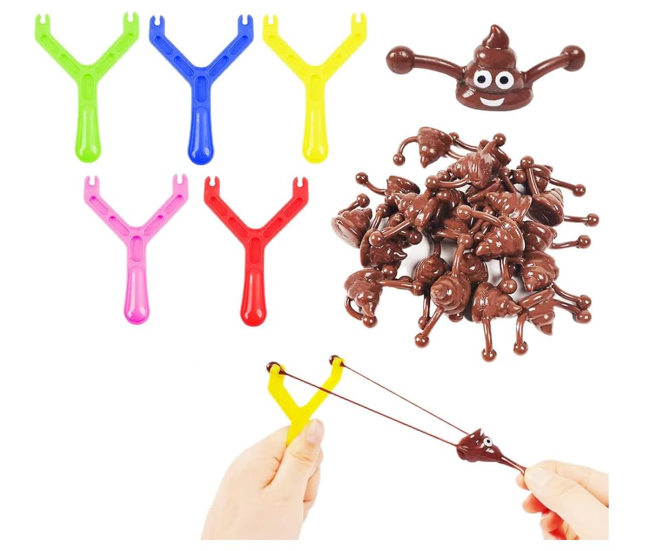 Wcawnlt Poo Slingshot Toy Set Cack Spring Spring Prank Juguetes Fake Poop Slingshot de material TPR, divertido artículo de broma para fiestas, cumpleaños, Halloween, niños y adultos