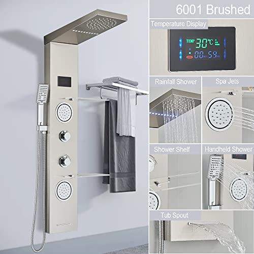 Liujun Led Light Lcd Shower Faucet Bathroom Spa Massage Shower Column System Waterfall Rain Shower Panel With Shelf Tap #TOP6