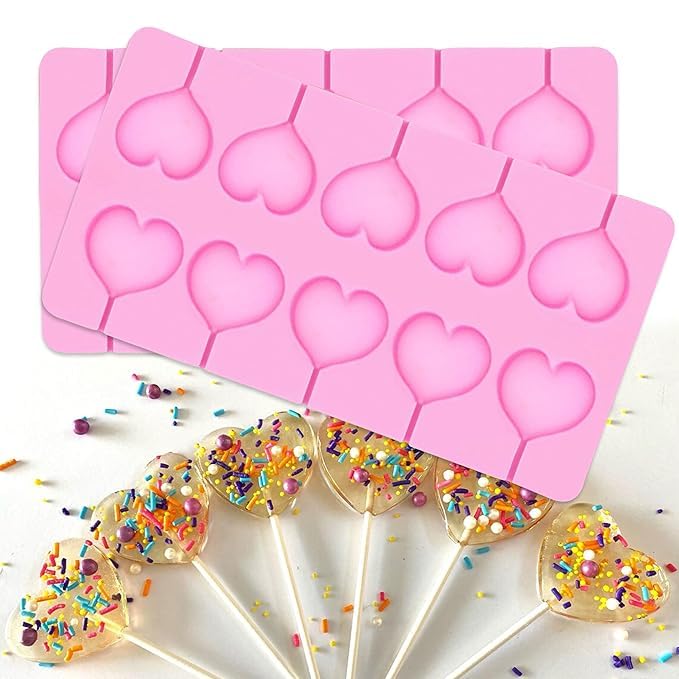 BAKEMO Silicone Lollipop Mould | 10 Cavity Heart Shaped Candy Mold | Ice Candy Making Tray | Ideal for Lollipop, Ice Candy, Hard Candy, Sucker, Cake Pop & Chocolate Creation (Multicolor - PK1)