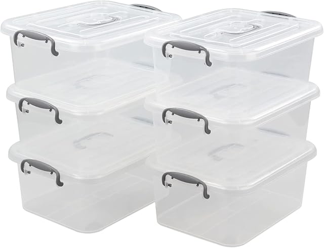 Afromy 6-Pack 8 L Storage Boxes, Plastic Latch Box with Lid/Handle, Clear, f