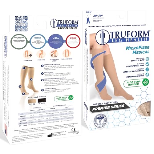 Image of Truform 20-30 mmHg Medical Compression Stockings, Aloe Infused Microfiber, Knee High, Closed Toe, Beige, Medium