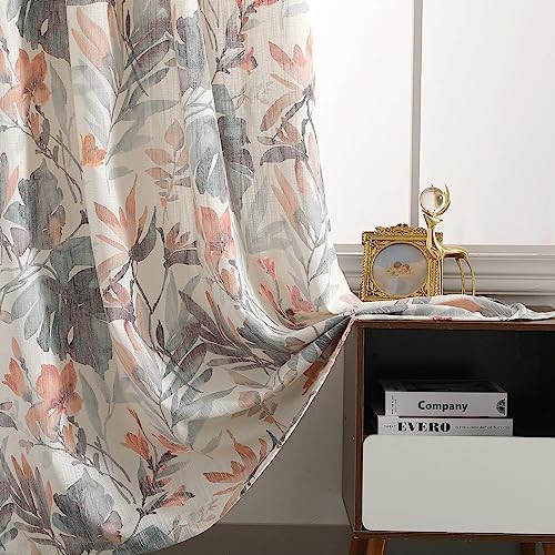 Image of MYSKY HOME Curtains 90 Inch Length Orange Curtains for Living Room Flower Printed Light Filtering Privacy Protect Drapes Set Natural Linen Look Window Treatment Grommet 2 Panels,Coral and Natural