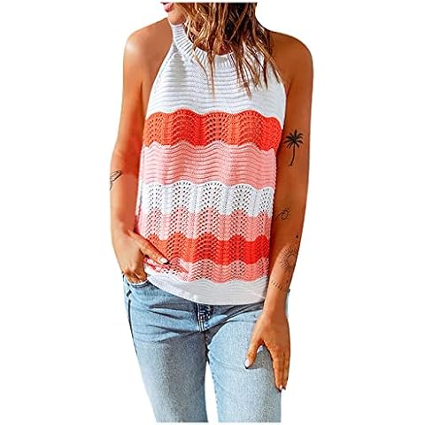Womens Halter Neck Sleeveless Vest Color Block Hollow Out Tank Top Sexy Off Shoulder Knitted Shirt Cover