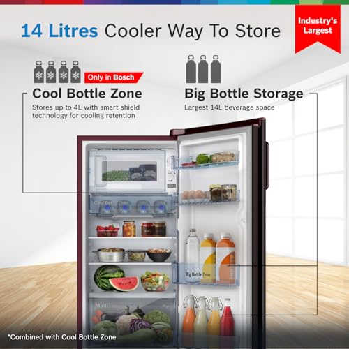 Image of Bosch 187 L, 3 star, Smart Inverter, Direct-Cool Single Door Refrigerator, Feather Wine (CST18W33NI)|18 Hrs Cooling Retention |Super Freeze |Largest Vegetable Box|Beverage Space |2.5x Faster Cooling