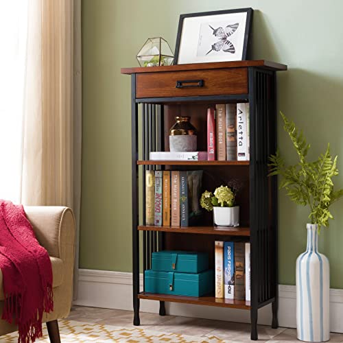 Image of Ironcraft Solid Wood Mantel Height Rustic Bookcase with Drawer Storage, Mission Oak Brown and Black - Leick Home, 11262