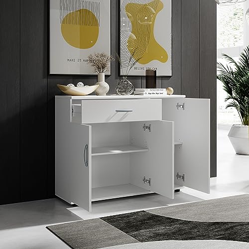 Stella Trading Sideboard in Weiß - Moderne Kommode mit Schublade und viel Stauraum für Wohnzimmer, Esszimmer und Flur - 90 x 70 x 30 cm (B/H/T)