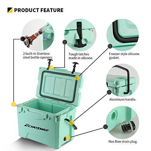 Echosmile Green 25 Quart Rotomolded Cooler, Keep Ice Up To 5 Days, Fit 30 Cans, Heavy Duty Ice Chest(Built-In Bottle Openers, Fishing Rule, Cup Holders And Lockable Corners) For Camping, Fishing #TOP3