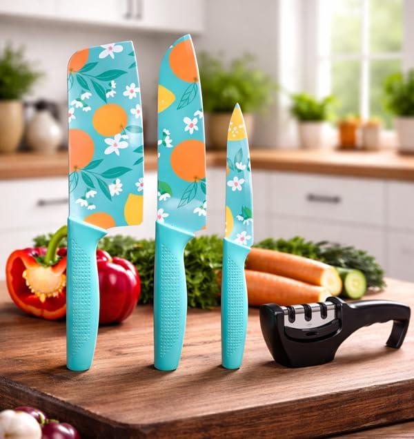 Finalize Knife Set of 3, Stainless Steel Knives for Kitchen| Sharp Edge Cutting Chef Knifes for Chopping Vegetables, Fruits, Multipurpose Knife, Kitchen Tools (Set of 3) (Kniif + Sharpener)