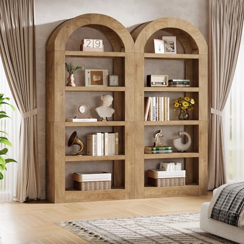 Image of Tribesigns 70.9'' Tall Arched Bookshelf with Storage, 5-Tier Wooden Open Bookcase Display Shelves Organizer for Living Room, Bedroom, Library, or Office, Natural, 2PC