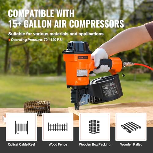 Image of VEVOR Coil Siding Nailer MCN70, 1-3 /4 inch to 2-3 /4 inch 15 Degree Pneumatic Siding Nail Gun, 70-120PSI Air Coil Nailer for Pallet, Crating, Framing, Siding and Fencing