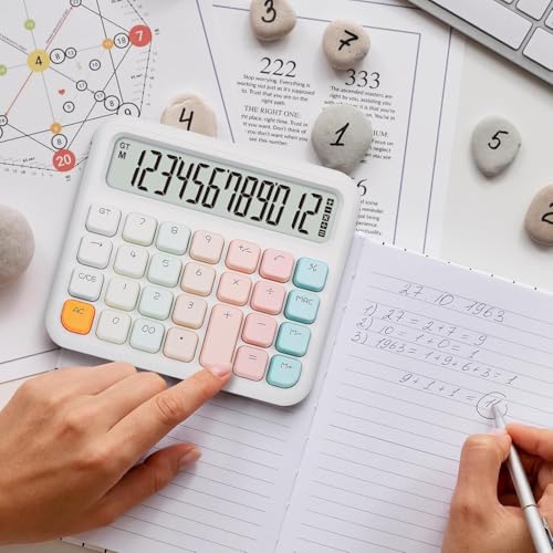 Image of Colorful Candy Mechanical Calculator - Cute 12 Digit Large LCD Display, Big Round Button, Easy to Press - for School, Office, Business, Home - Automatic Sleep (Multi-Color)