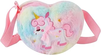 Little Girls Kids Toddler Unicorn Fuzzy Plush Crossbody Purse Rainbow Faux Fur Wallet Handbag