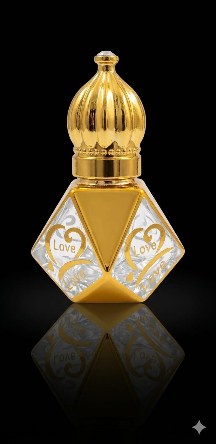 love perfume oil bottle, diamond shape, gold and clear glass, ornate crown cap, arabic attar style