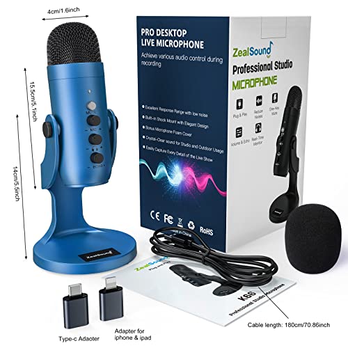 Image of zealsound USB Microphone, Condenser Computer Mic, Plug & Play Gaming Microphone for Phone /PS4 /PS5, Headphone Output, Volume Control, Mic Gain Control, Mute Button, YouTube Podcasting on Windows(Blue)