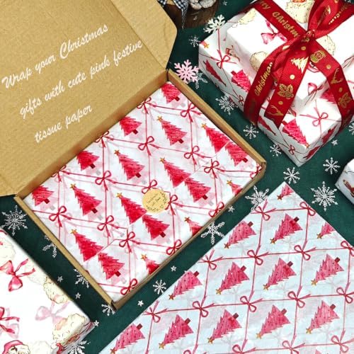 LIAPAWPAW Pink Christmas Tissue Paper, 4 Festive Designs Snowman Gingerbread Santa Tree, Cute Holiday Gift Wrap Tissue Paper for Gift Bags Packing, Xmas Winter DIY Craft Party Decor, 20x14in 60 Sheets — 사진 3