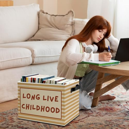 Image of Kids Storage Bins Box with Handles, Burnt Orange Striped Collapsible Basket Organizer for Kids Room Nursery Bedroom Bathroom Books Clothes