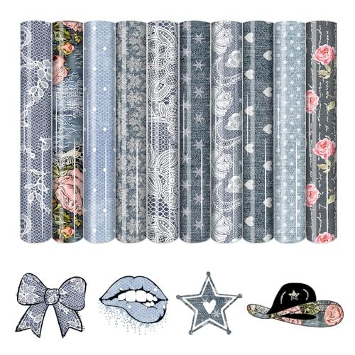 HTVSTD Denim Lace Style Heat Transfer Vinyl - 10 Sheets 12'' x 10''...