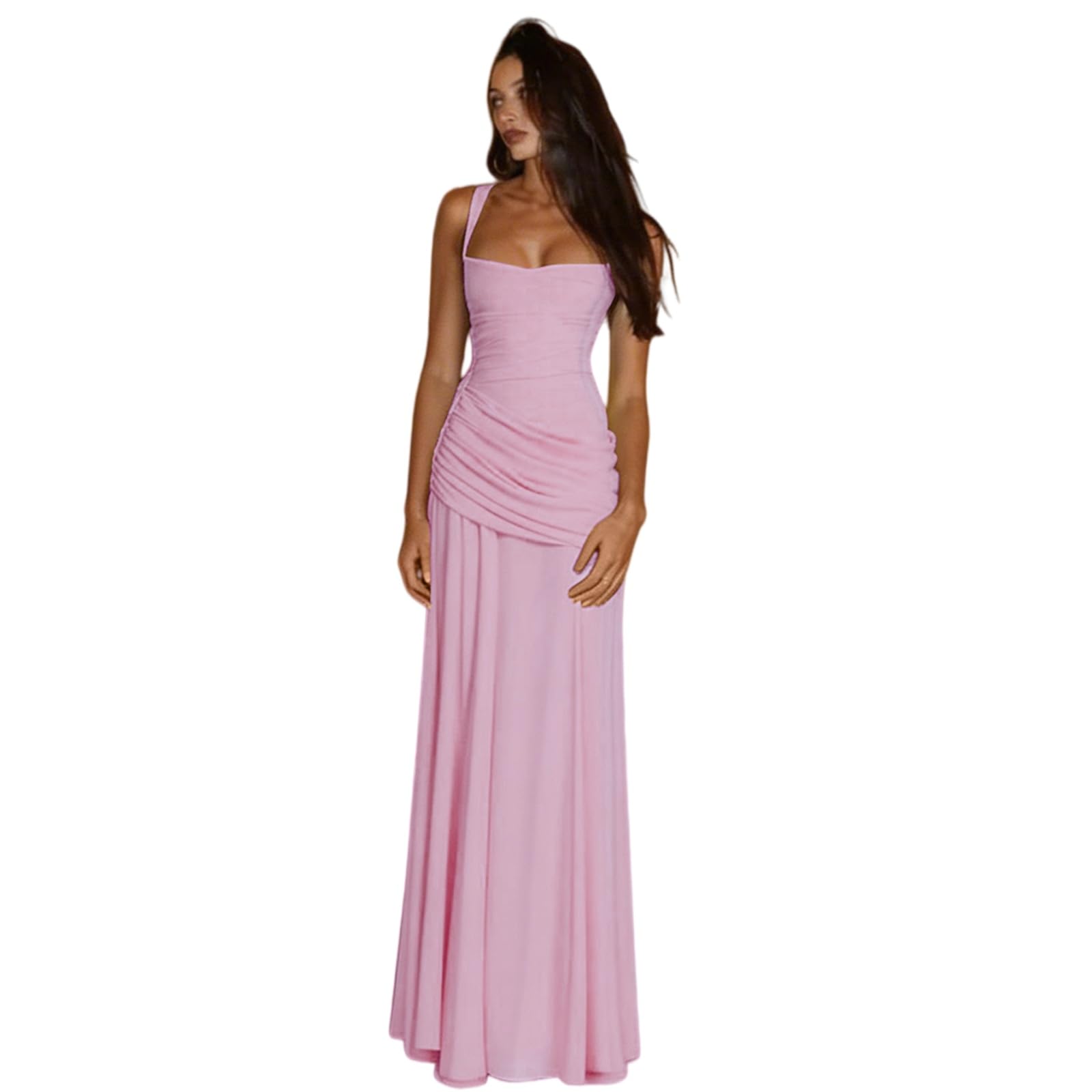 Vestito Donna Elegante Senza Schienale Maxi Abito Quadrato Collo Ruched Pizzo per La Spiaggia Vacanza Sera-Light Pink-l