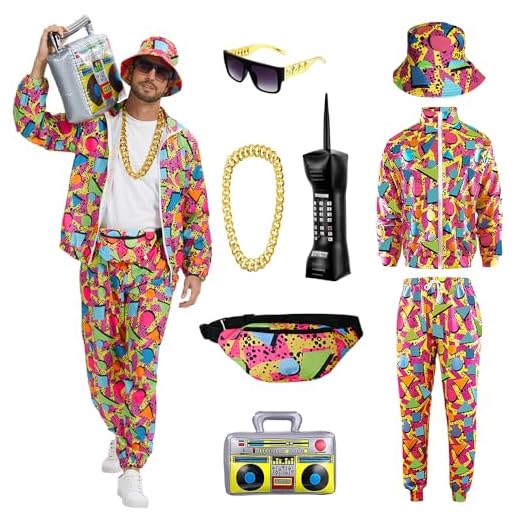 YQVGFBY - Disfraz retro de los años 80 para hombre, traje retro de los años 90, para Halloween, carnaval, disfraz deportivo, 8 piezas (rojo, 3XL)