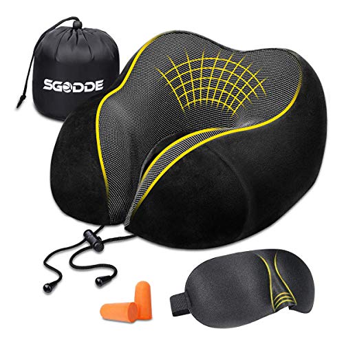 SGODDE Almohada de Viaje Almohada Cervical, Llena de Espuma de Memoria con Máscara de Ojos, Tapones y Bolsa con Cordón para Viajes de Larga Distancia y Pausa para el Almuerzo
